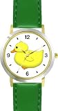 Yellow Duck or Ducky - Bird - JP - WATCHBUDDY&reg; DELUXE TWO-TONE THEME WATCH - Arabic Numbers - Green Leather Strap-Size-Women's Size-Small