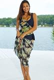 YBL® Pompas Leaf Plus Size Surplice Swimsuit with Sarong - Women's Swimwear Plus Size Swimsuits