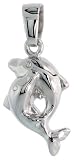 Sterling Silver Jeweled Kissing Dolphins Pendant, w/ Cubic Zirconia stones, 5/8 (16mm)