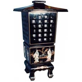 Asian pagoda style lantern table lamp - black lacquer with mother of pearl chinese ladies