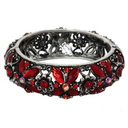 Silver and Red Crystal Flower Bangle Fashion Bracelet