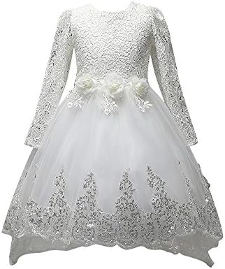 EUROPRINCE Girl Long Sleeve Lace Tutu Long Tail Bow Princess Wedding Dress (L)