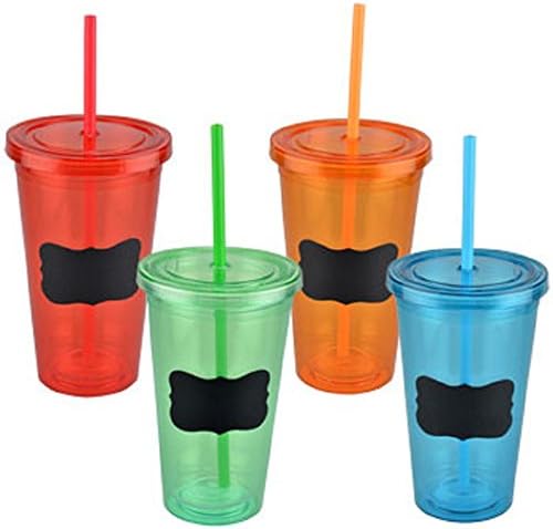 Set of 4 Double-wall Plastic Tumblers with Chalkboard Labels, Lids and Straws. 16 Oz. Comes with Chalk