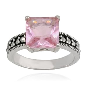 Sterling Silver Marcasite and Pink Glass Square Ring