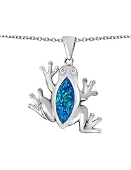 Original Star K (tm) Lucky Frog Pendant with Marquise Shape Created Blue Opal in 925 Sterling Silver