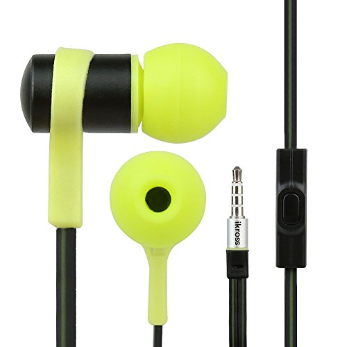 iKross Green / Black In-Ear 3.5mm Noise-Isolation Stereo Flat Cable Tangle Free Earbuds with Microphone + Hot Pink Headset Eva Case for Motorola /Google Nexus 6 and more
