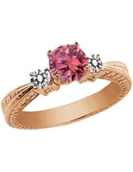 0.95 Ct Round Pink and White Diamond 925 Rose Gold Plated Silver 3-Stone Ring