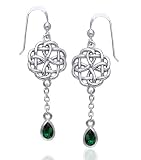 Sterling Silver Classic Irish Celtic Knot and Emerald Green Glass Drop Earrings