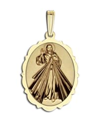 Divine Mercy Doubled Sided Scallopped Oval Medal - Available in Solid 14K Yellow or White Gold, or Sterling Silver