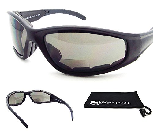 Motorcycle Bifocal Sunglasses Padded. ANSI Z87.1 Safety Polycarbonate Lenses. Free Microfiber Cleaning Case.