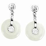 Handmade Green Jade Circular Dangle Earrings With Sterling Silver Chinese Symbol of Prosperity