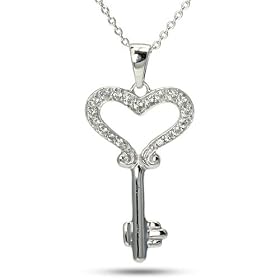 Princess Open Heart CZ Sterling Silver Key Necklace
