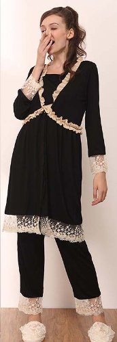 シフォンフリル＆レースナイティ　授乳服＆マタニティウェア　マタニティパジャマ　ブラック L