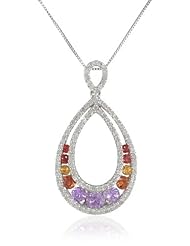 10k White Gold Multi-Colored Sapphire and Diamond Pendant Necklace, 18"