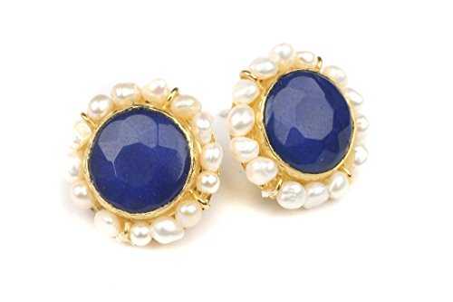 Bijuland Quartzite Stone and Freshwater Pearls 24K Gold Plated Brass Earrings (Blue)