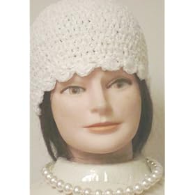 Hand Crocheted Ivory Chenille and Gimp Tweed Skull Cap Offered with Simulated Ivory Large Pearl...