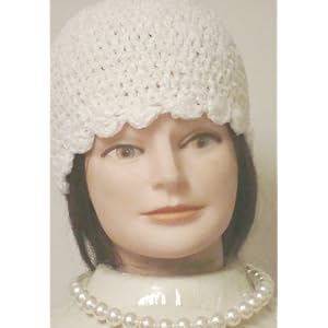 Hand Crocheted White Chenille and Gimp Tweed Skull Cap Offered with Simulated White Large Pearl...