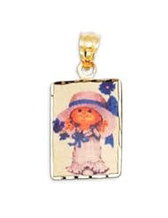 Blue Flower Girl Child 14k Yellow Gold Square Pendant