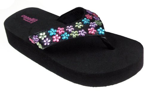 Girls Flip Flops:Capelli New York Matte Pu Thong With Daisy Gems Girls Fashion Flip Flop Black 1/2