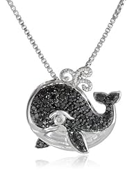 XPY Sterling Silver Black and White Diamond Whale Pendant Necklace, 18"