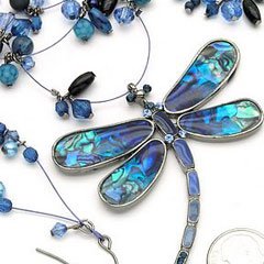 Blue Color Enamel & Austrain Rhinestone Dragonfly Bead Wire Necklace and Earrings Set