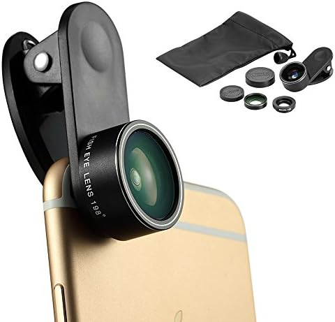 Kasoo 3 in 1 Clip-on 198° Supreme Fisheye + 0.63x Wide Angle + 15x Macro Lens for for Iphone 6s, 6, 5s, Android and All Other Smartphones (Black )