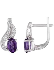 14K White Gold 1.1ct February Love Diamond & Oval Amethyst Huggie Post Earrings