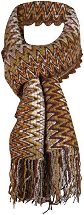 Missioni Women's Zig-Zag Fringe Scarf Fall Colors Maroon