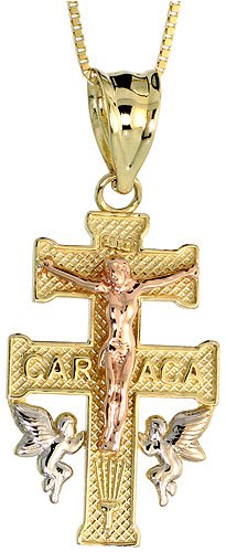 10ct Yellow Gold 18 Thin Box Chain, w/ 7/8 (22mm) tall 3-tone Lorraine Cross & Angels Pendant