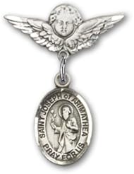 Sterling Silver Baby Badge with St. Joseph of Arimathea Charm and Angel with Wings Badge Pin