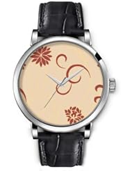 SPRAWL Aanalog Fashion Series Silver Ladies Watches of Genuine Black Leather Strap,Unique Wrist Watch for Women Girls Designed with Brown flowers on beige background