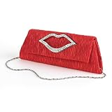 Diamante Lips Crushed Satin Evening Clutch Bag Redby Minerva Collection