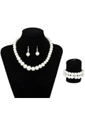 Bridal Wedding Party Faux Pearl Necklace + Earrings + 2-Row Bracelet Set