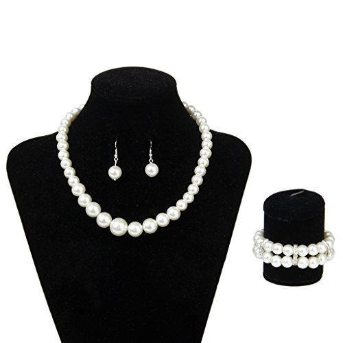 Bridal Wedding Party Faux Pearl Necklace + Earrings + 2-Row Bracelet Set