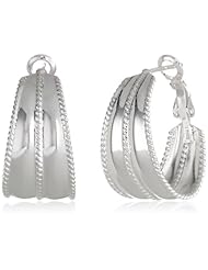 Sterling Silver Medium Wide Polished and Beaded Design Clutchless Hoop Earrings
