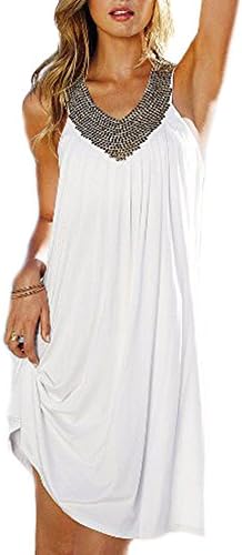 Yigoo Women Plus Size Halter Rhinestone Bohemia Beach Dress Sundress White S