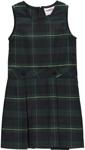 Big Girls' Scoop Neck Jumper with Kick Pleats - green/goldplaid #83, 10
