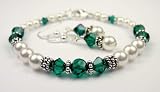May Emerald Birthstone Bracelets and Earring SETS: White Pearl Swarovski Crystal Beaded Bracelets in .925 Sterling Silver