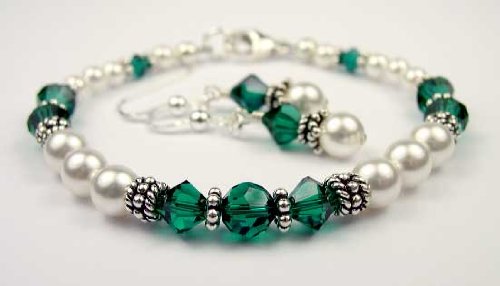 May Emerald Birthstone Bracelets and Earring SETS: White Pearl Swarovski Crystal Beaded Bracelets in .925 Sterling Silver