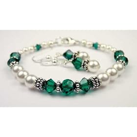 Emerald Bracelets and Earring SETS: Swarovski Crystal Beaded Pearl Bracelets in Sterling Silver