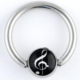 One Stainless Steel Captive Bead Ring: 14g 7/16", Logo Bead: 6mm Treble Clef (SOLD INDIVIDUALLY. ORDER TWO FOR A PAIR.)