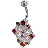Champagne And Orange Crystal Filigree Flower Dangle Belly Ring