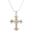 Silvertone Pastel Crystal Cross Pendant Necklace Fashion Jewelry