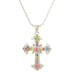 Silvertone Pastel Crystal Cross Pendant Necklace Fashion Jewelry