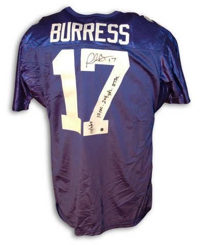 Autographed Plaxico Burress New York Giants Blue Jersey Inscribed 10 2 05 10 Rec 204 Yds 2 Tds
