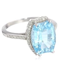 Sterling Silver Concave Cut Sky Blue Topaz and Diamond Ring, Size 7