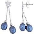 Sterling Silver Butterfly Drop Black Freshwater Pearl Post Earrings