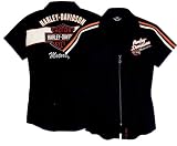 Harley-Davidson® Women's Short-sleeve Prestige Stretch Woven Shirt. Zip front, embroidered graphics. Black or Orange. 99089-09VW; 99090-09VW