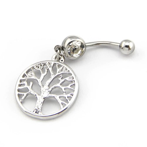 316L Surgical Steel 14G Clear Crystal Silver Color Tree of Life Dangle Navel Ring Belly Bar Button