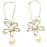 Pearl Earrings White Flower CZ Diamonds Dangling Sterling Silver Tarnish Free By Bucasi